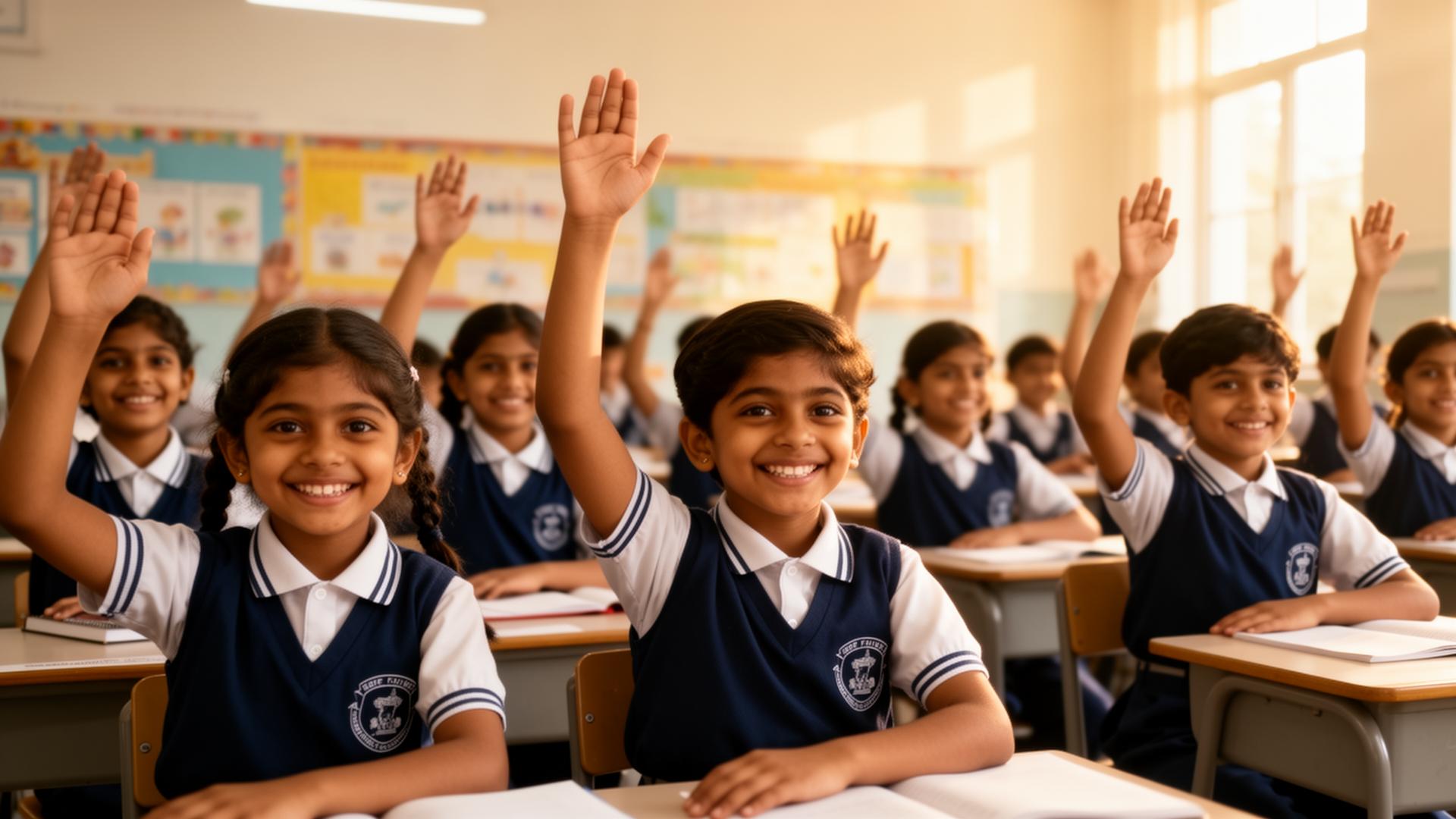 Happy students at Shekhawati Public School raising their hands in a bright classroom